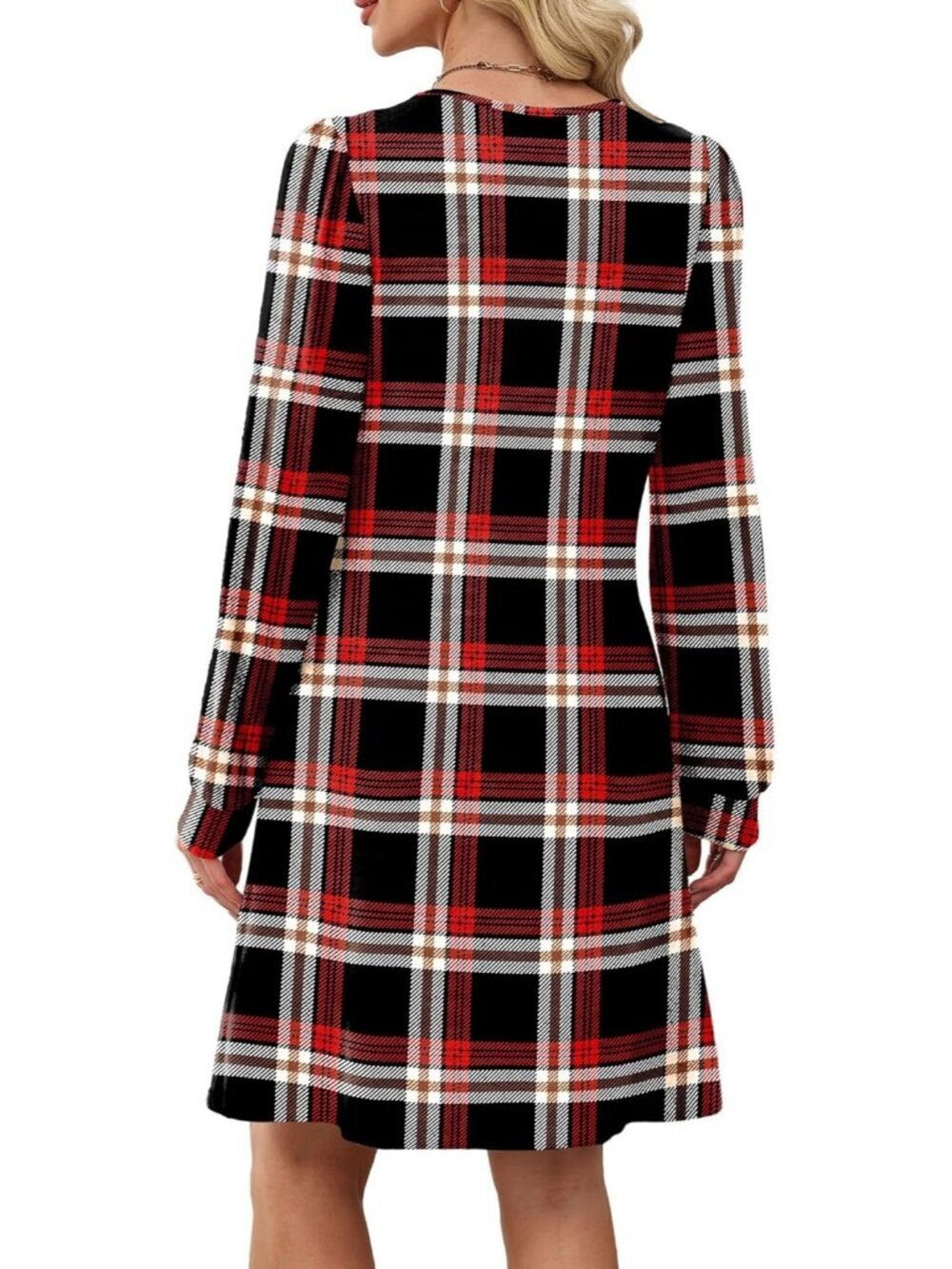 Women's Black Red Plaid Crew Neck Pockets Fall Baby Doll Sweater Mini Dress - Picture 5 of 5